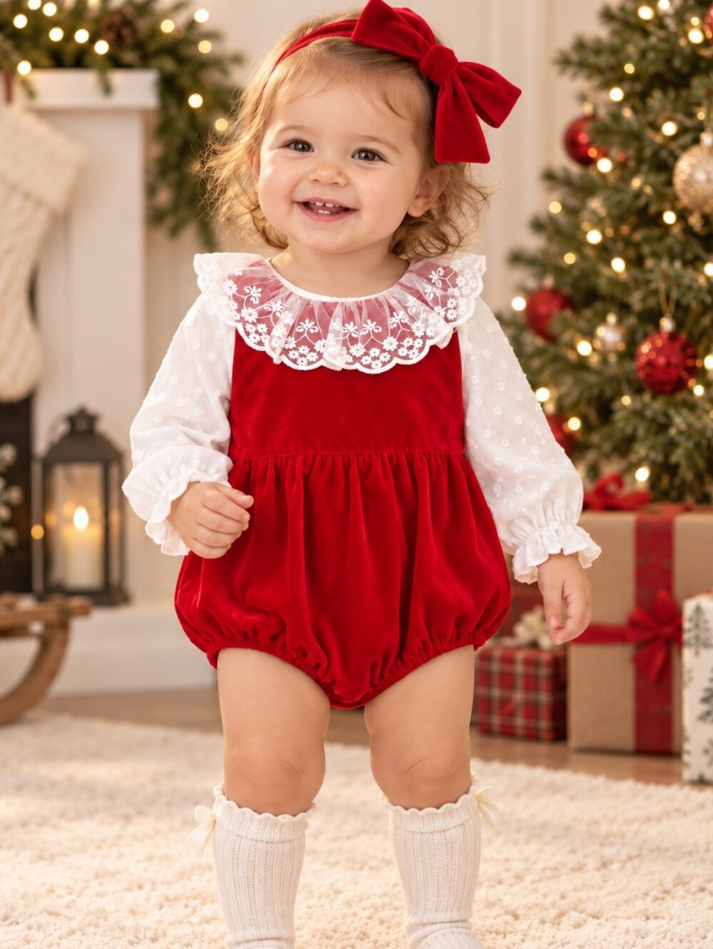 Baby Girl Red Velvet Holiday Romper Swiss Dot Lace 18-24M NIP